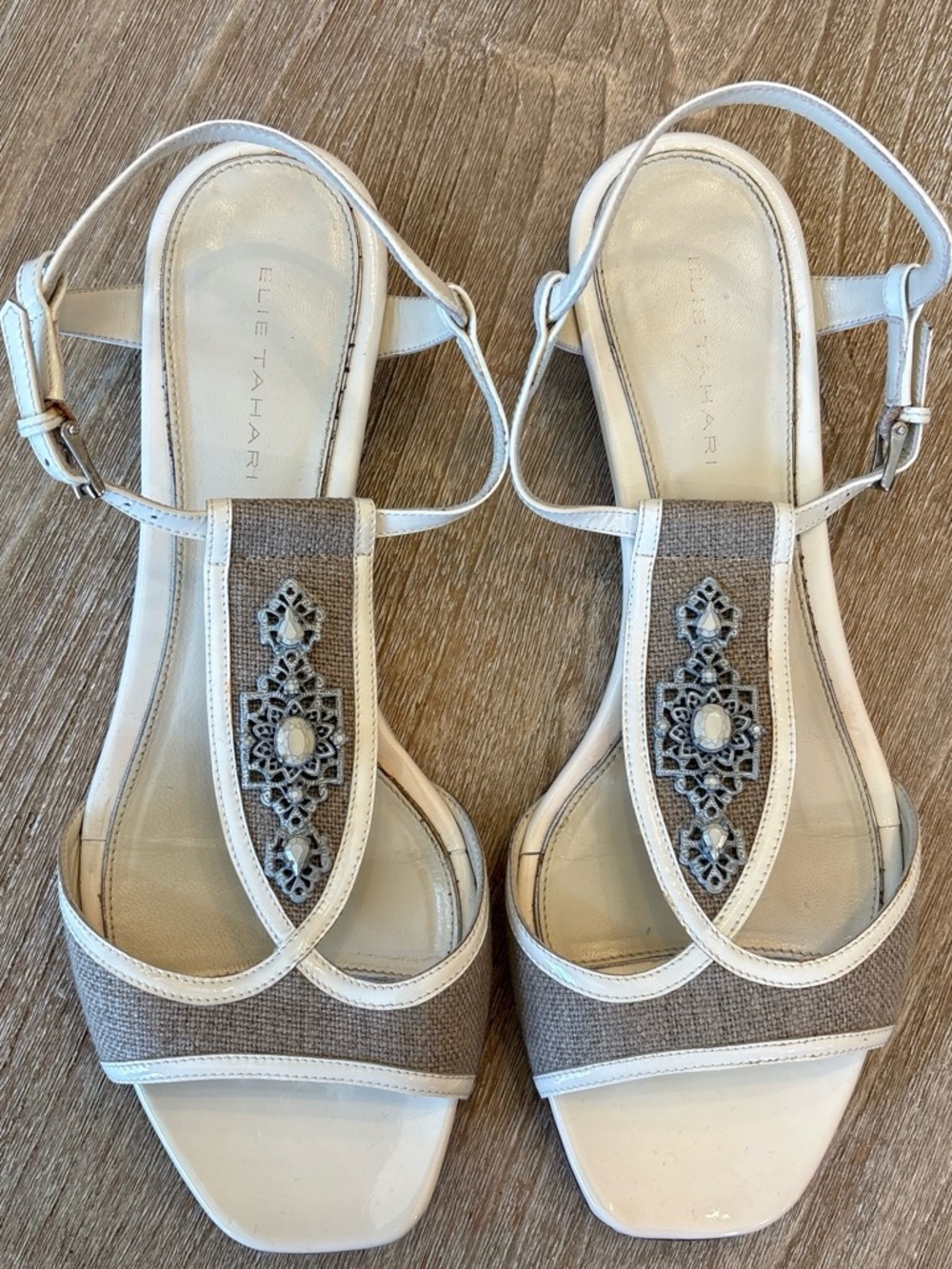 Elie Tahari White and Beige Embellished T-Strap Sandals